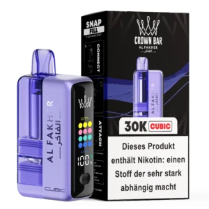 Al Fakher Crown Bar 30K Cubic disposable vape offering 30,000 puffs with a sleek cubic design and a variety of refreshing fruit flavors for a premium vaping experience