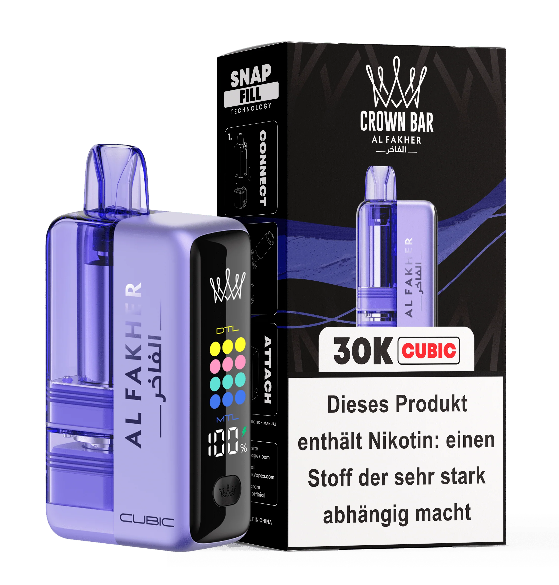 Al Fakher Crown Bar 30K Cubic disposable vape offering 30,000 puffs with a sleek cubic design and a variety of refreshing fruit flavors for a premium vaping experience