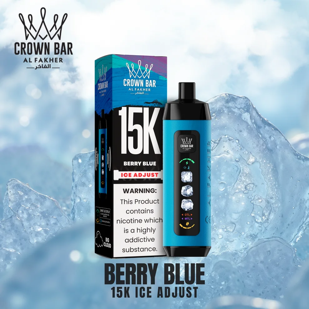 Al Fakher Crown Bar Ice Adjust disposable vape with adjustable cooling, vibrant fruity flavors like Blueberry Ice, Strawberry Ice, and Berry Lemon Ice, offering 12,000 puffs.